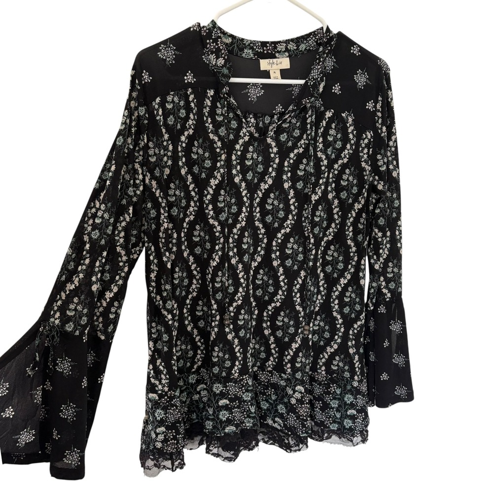 Style & Co Black Floral Lace Trim Bell Sleeve Blouse Top PL Whimsigoth Ren Fair